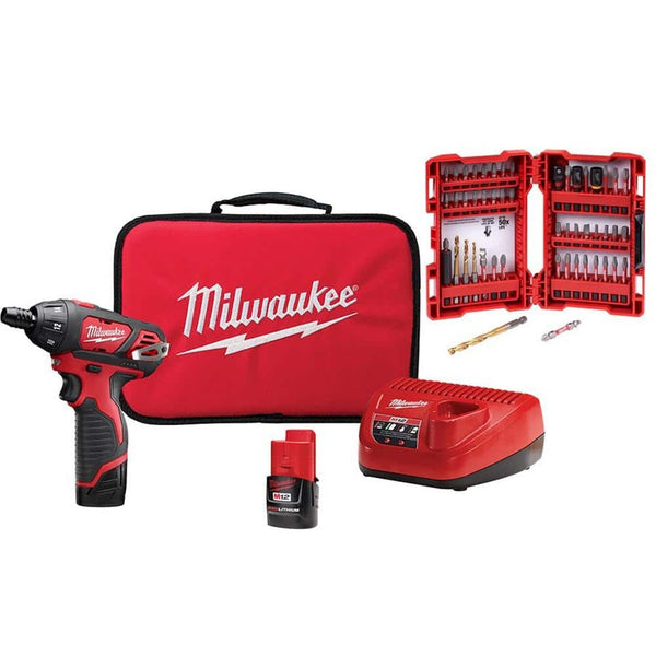 Milwaukee M12 12V Lithium-Ion Cordless 1/4 in. Hex Screwdriver Kit w/ SHOCKWAVEImpact Duty Driver Alloy Steel Bit Set (50-Pc)