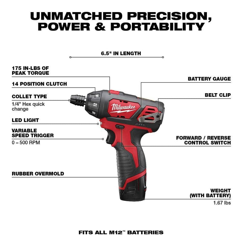 Milwaukee M12 12V Lithium-Ion Cordless 1/4 in. Hex Screwdriver Kit w/ SHOCKWAVEImpact Duty Driver Alloy Steel Bit Set (50-Pc)