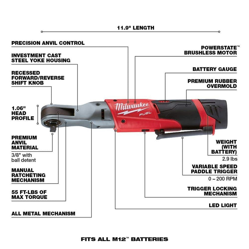 Milwaukee M12 FUEL 12V Lithium-Ion Brushless Cordless 3/8 in. Ratchet with M12 2.0Ah Battery