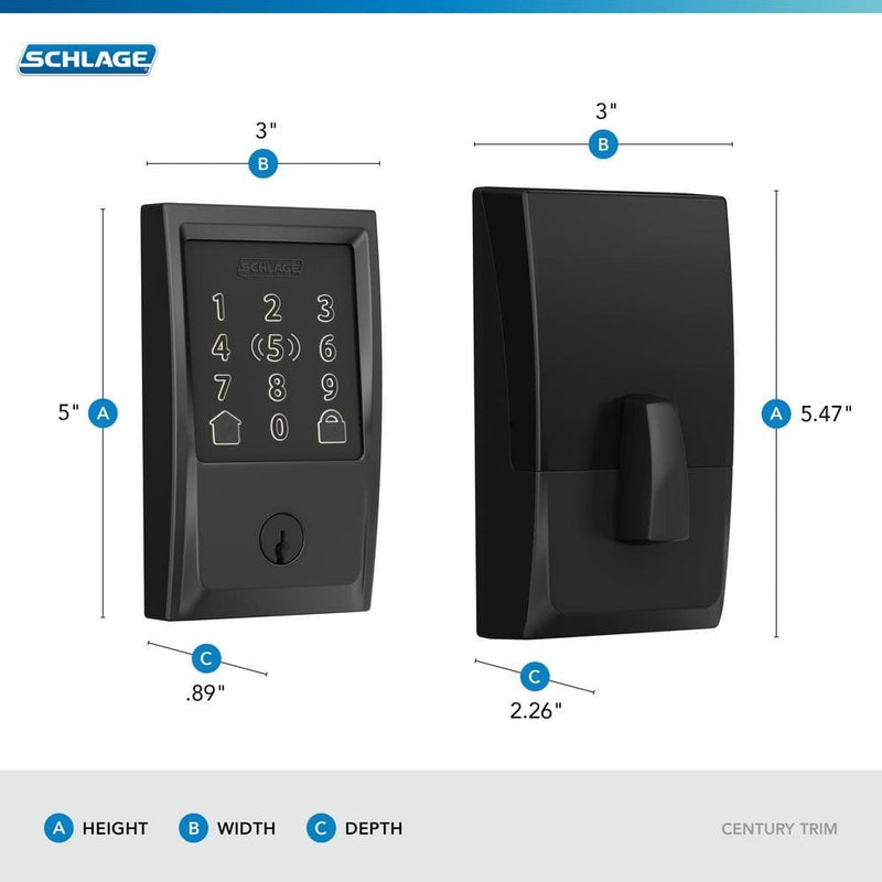 Schlage Century Matte Black Electronic Encode Plus Smart WiFi Deadbolt with Alarm