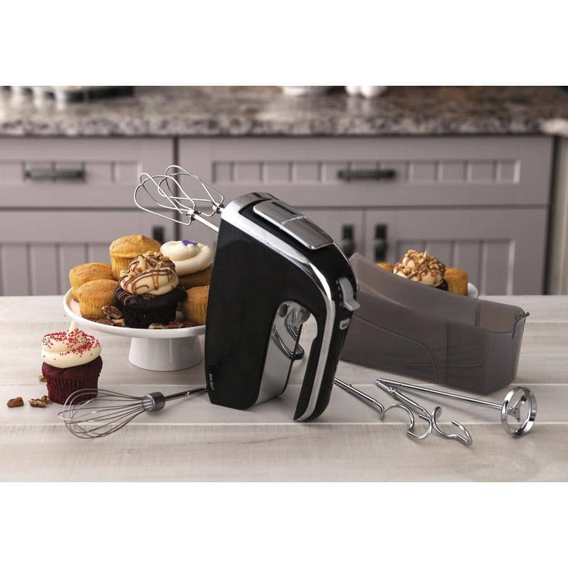 Hamilton Beach 6-Speed Black Hand Mixer with Beater, Whisk and Dough Hook Attachments