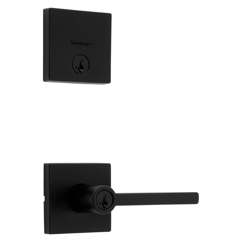 Kwikset Halifax Matte Black Entry Door Lever with Single Cylinder Deadbolt Combo Pack featuring SmartKey Security
