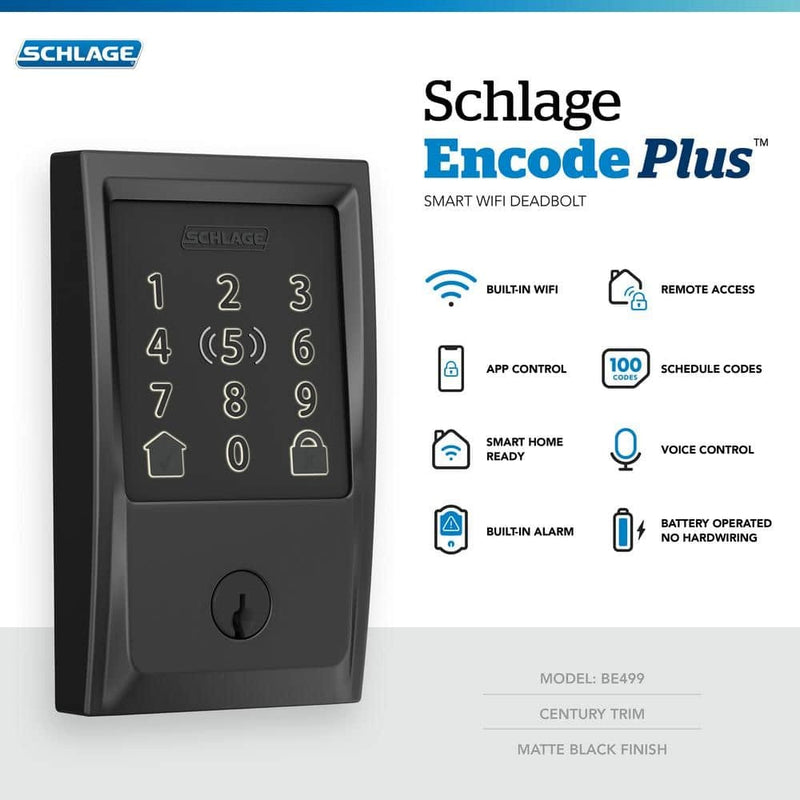 Schlage Century Matte Black Electronic Encode Plus Smart WiFi Deadbolt with Alarm