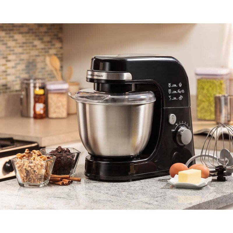 Hamilton Beach 4 qt. 7-speed Black Stand Mixer with Dough Hook, Whisk and Flat Beater Attachments