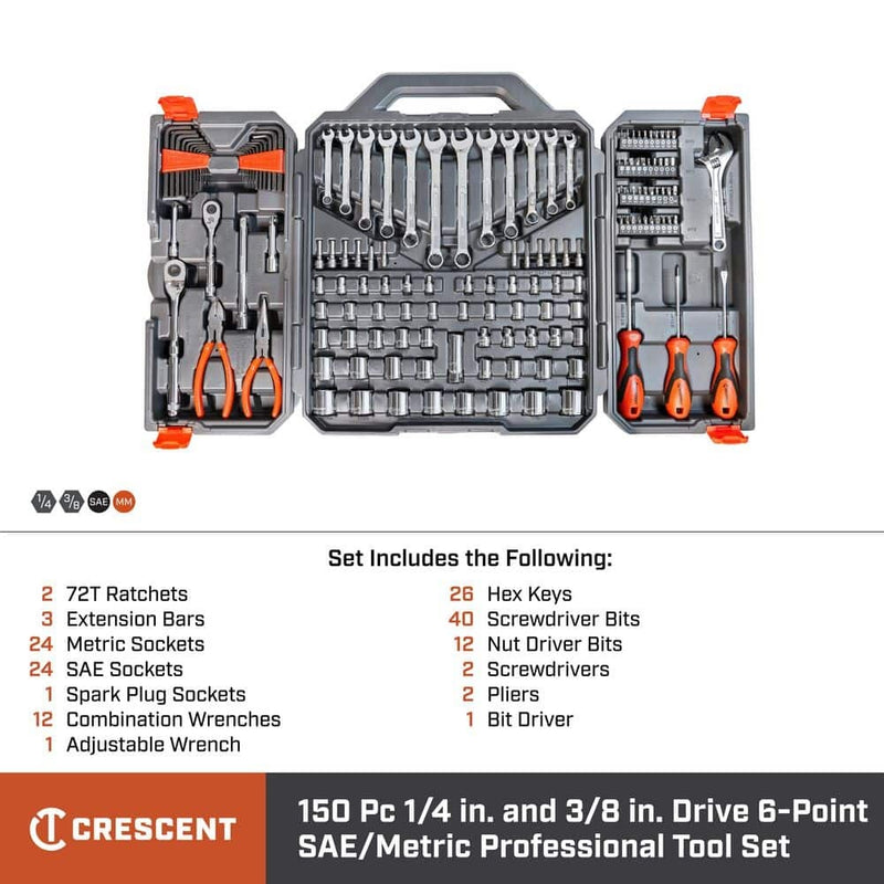 Crescent 1/4 in. and 3/8 in. Drive 6-Point Standard SAE/Metric Mechanics Tool Set with Case (150-Piece)